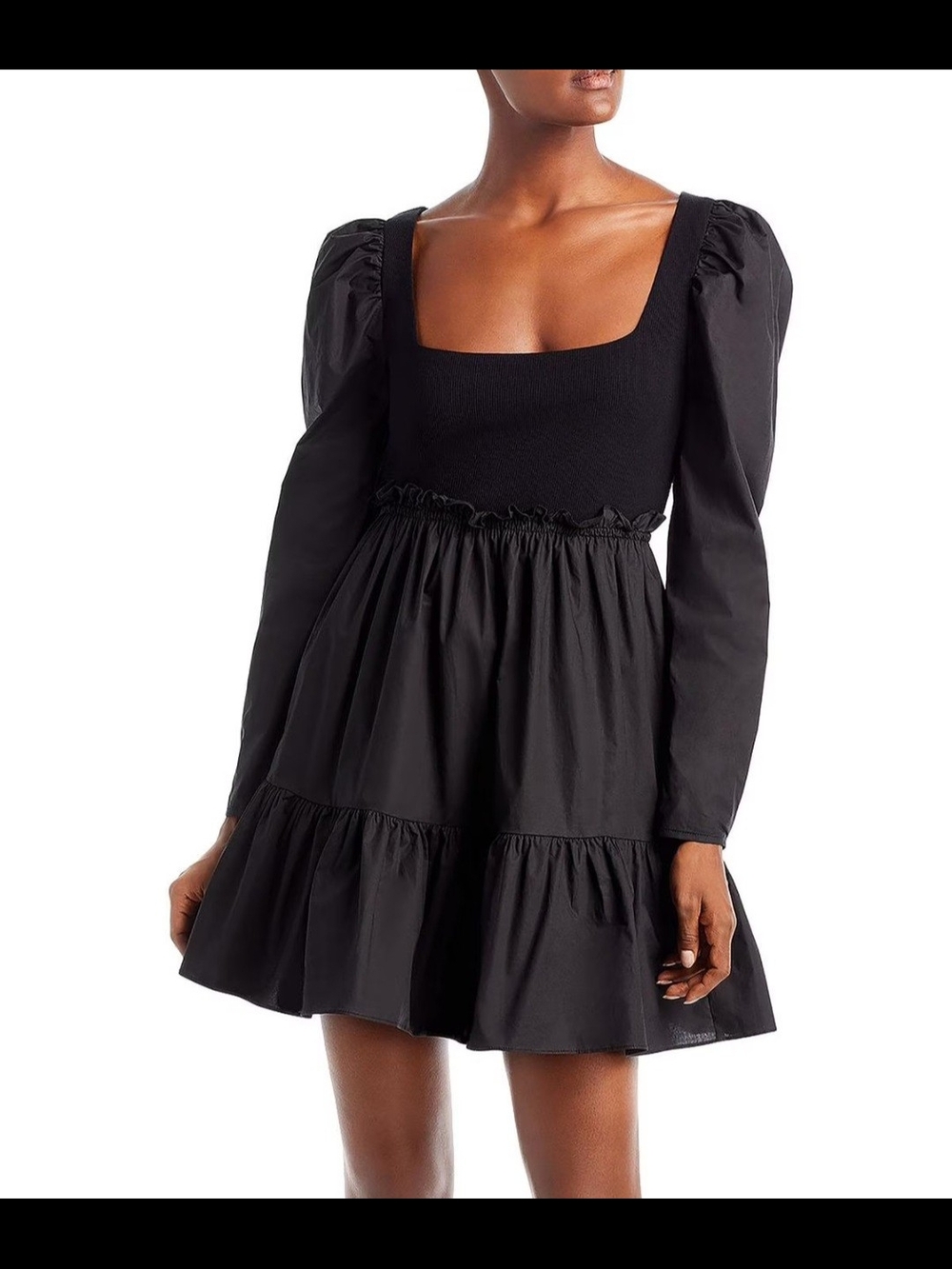 Aqua Black Square Neck Puff Long Sleeve Tiered Babydoll Coquette Mini Dress, Sm